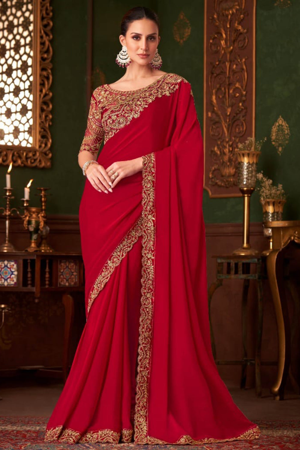 Red Pure Georgette Satin Silk With Floral Sequins Saree 