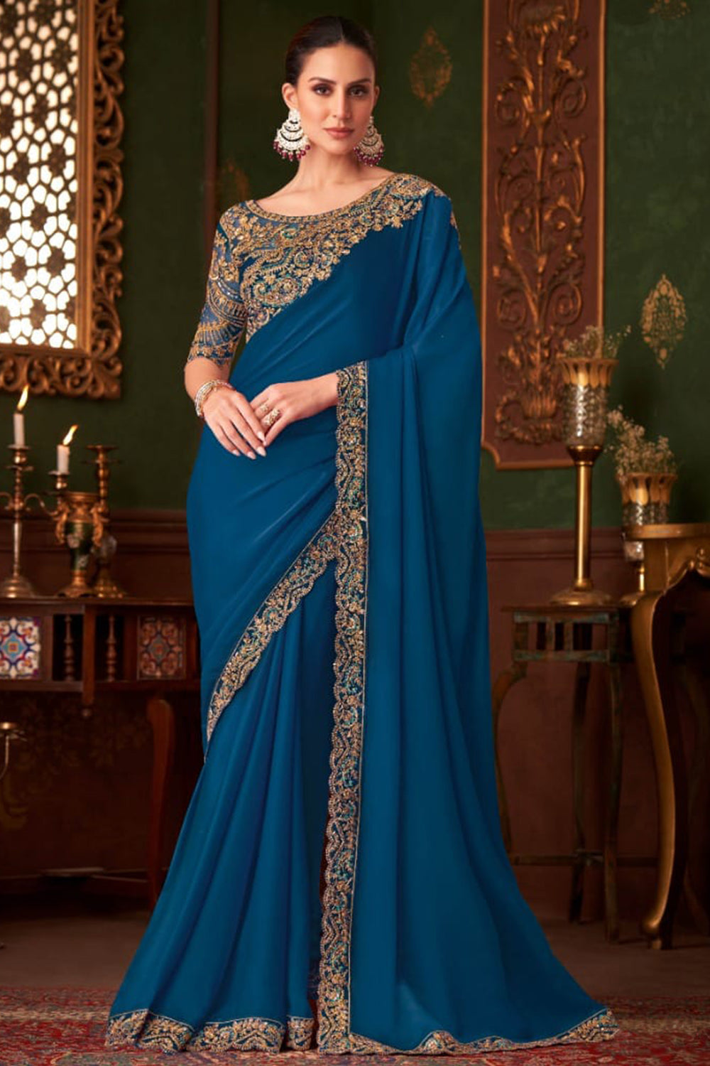 Blue Pure Georgette Satin Silk With Floral Sequins Saree ##color## Georgette Saree with premium fabric and embroidery