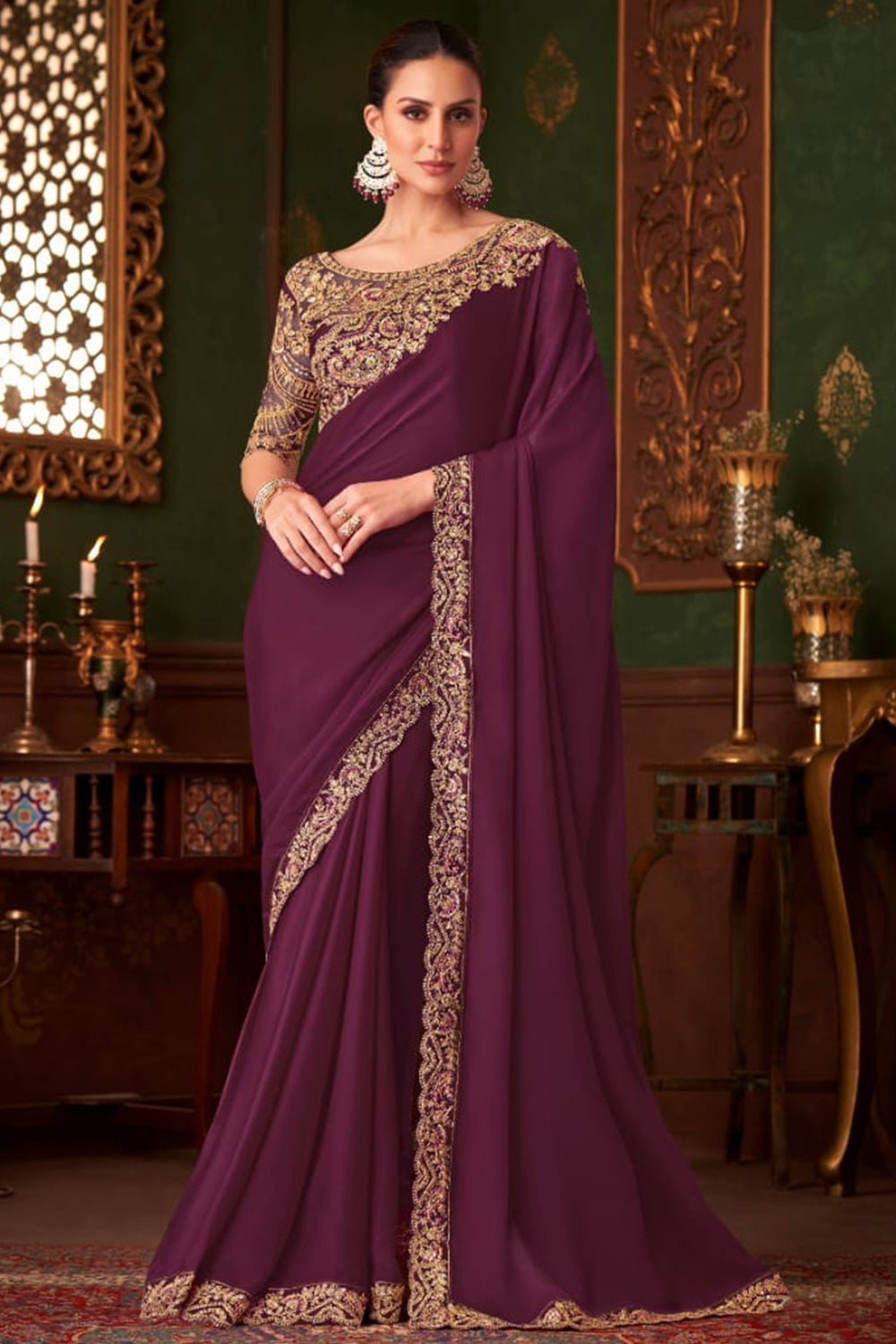 Wine Pure Georgette Satin Silk With Floral Sequins Saree ##color## Georgette Saree with premium fabric and embroidery