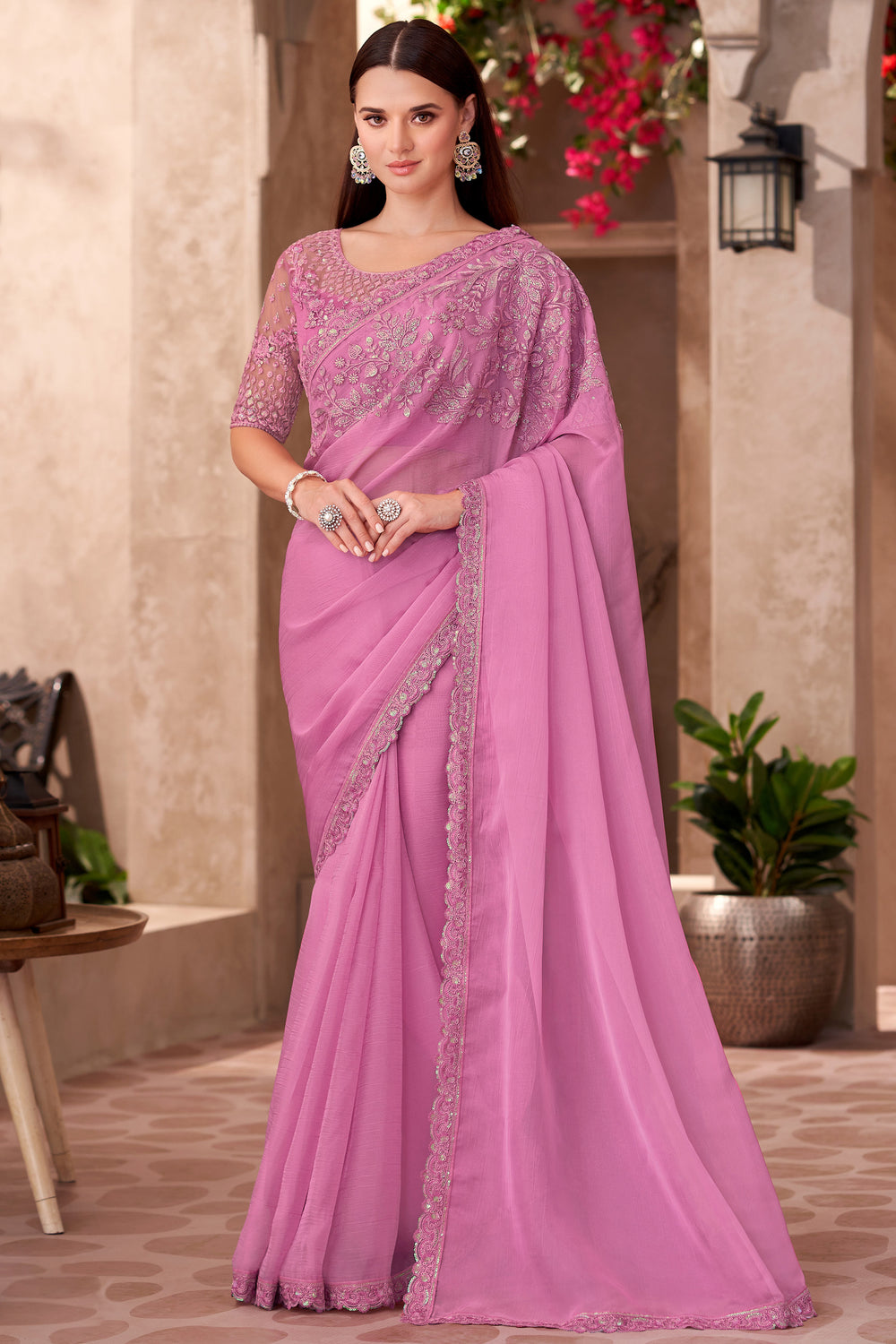 Pink Pure Georgette Chiffon With Embroidery Sequins Saree 