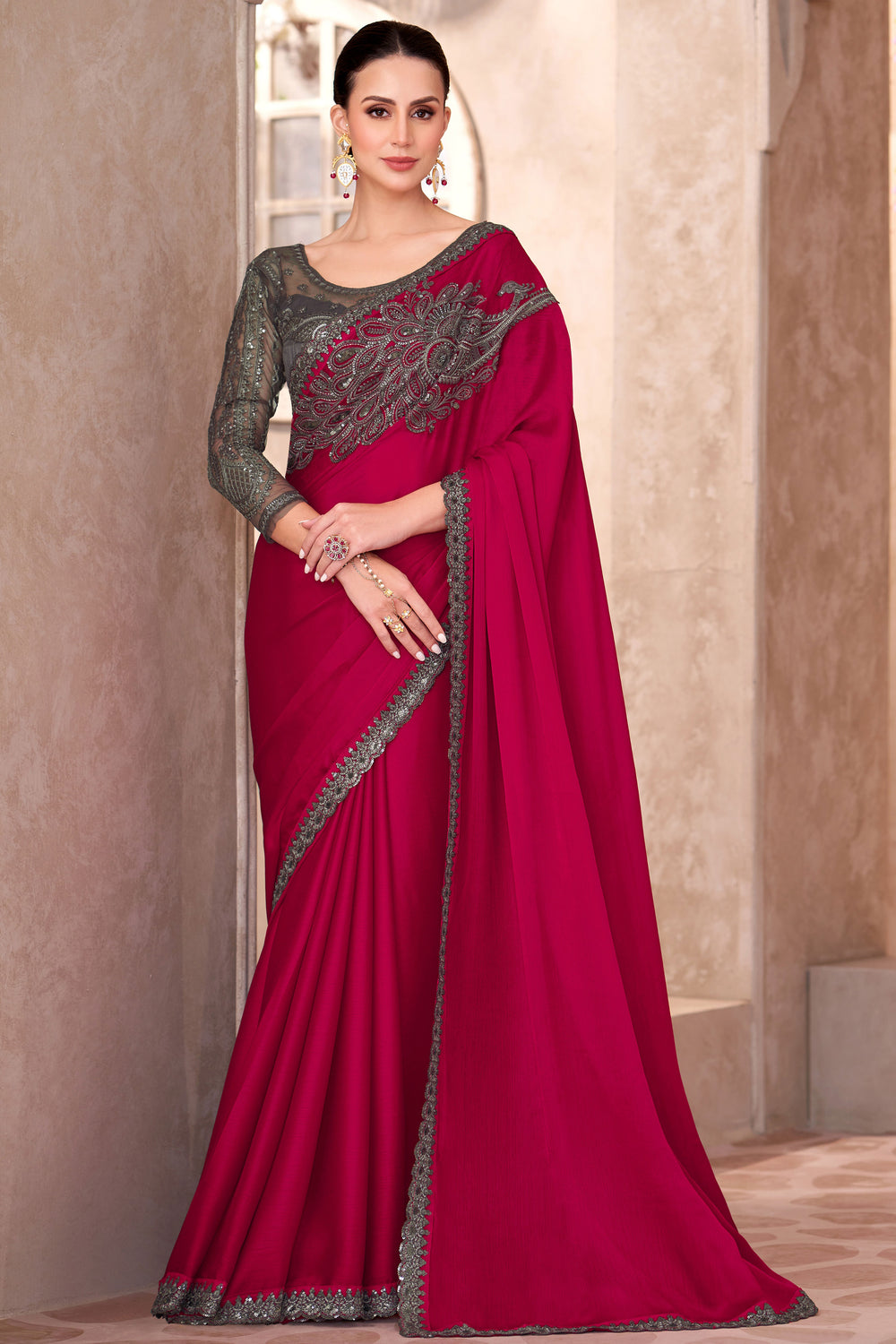 Red Pure Georgette Chiffon With Embroidery Sequins Saree 