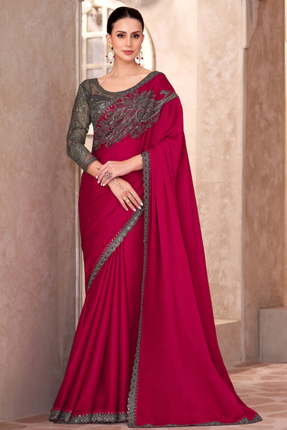 Red Pure Georgette Chiffon With Embroidery Sequins Saree 