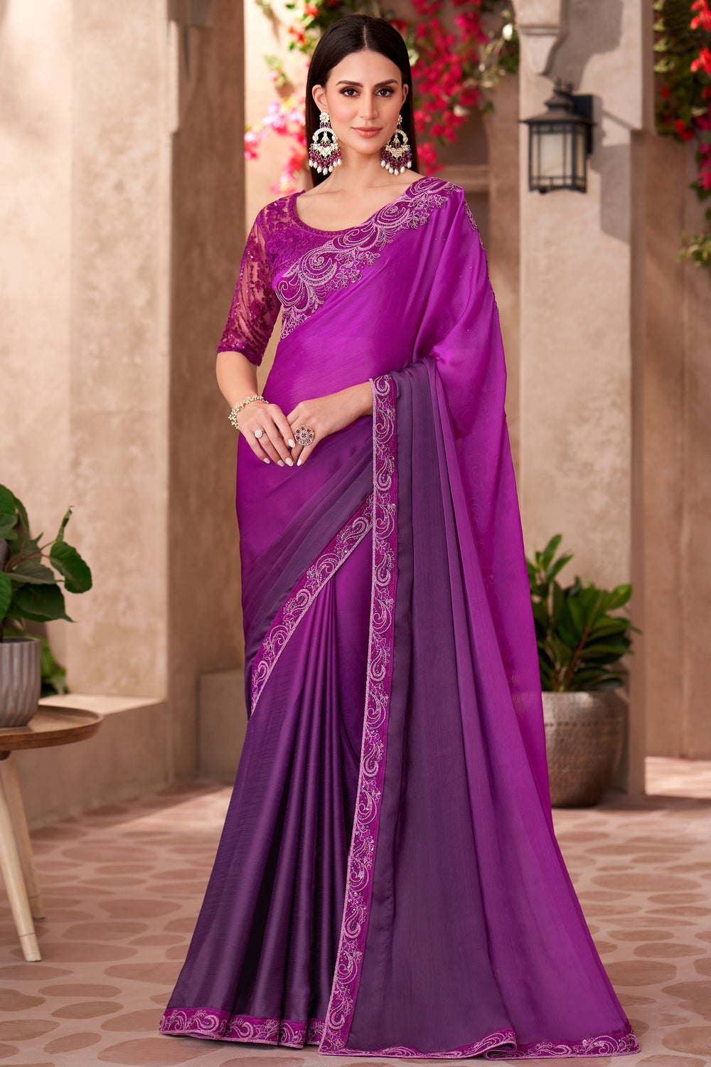 Magenta Pure Georgette Chiffon With Embroidery Sequins Saree 