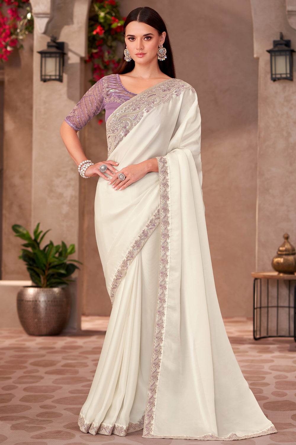 White Pure Georgette Chiffon With Embroidery Sequins Saree 