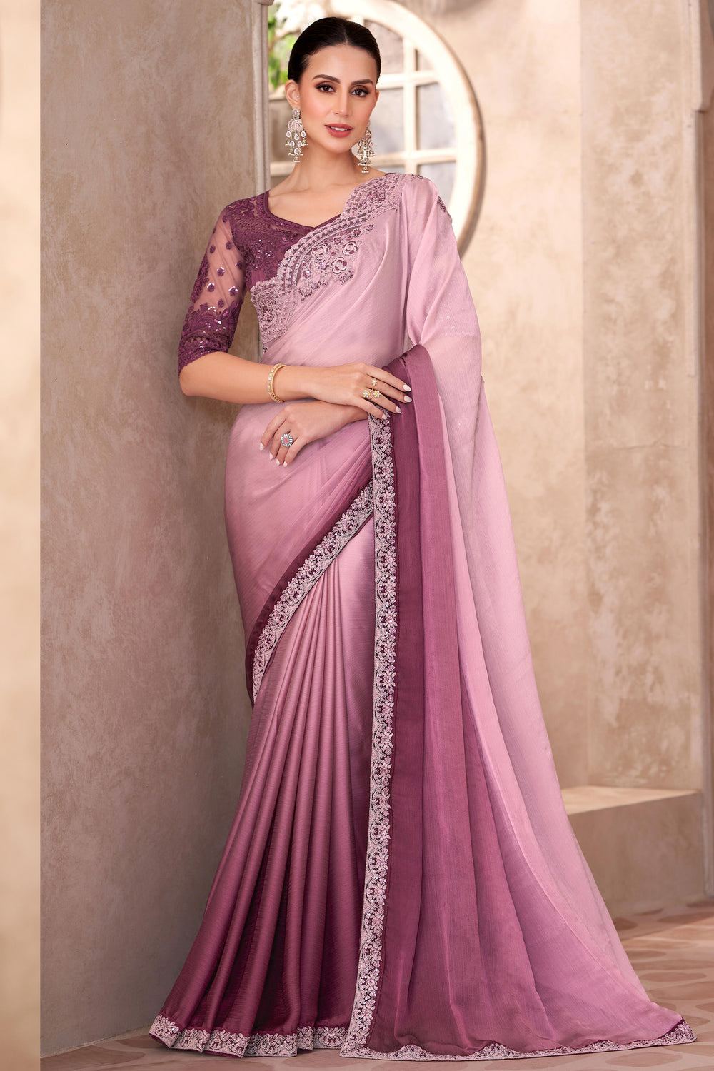 Pink &amp; Wine Pure Georgette Chiffon With Embroidery Sequins Saree 