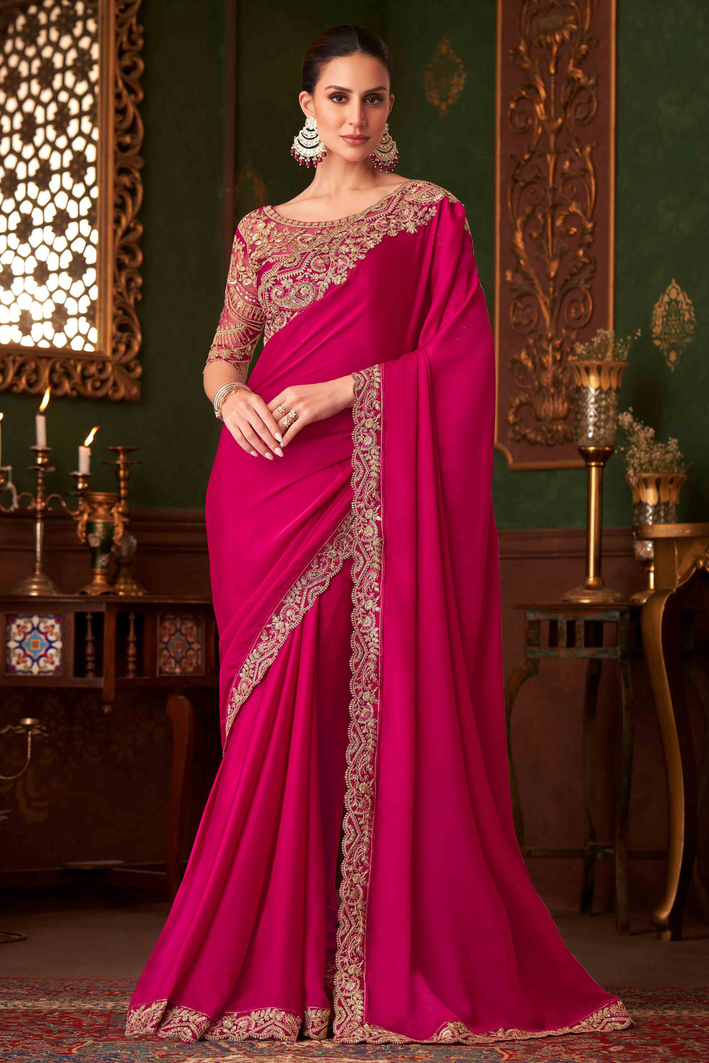 Hot Pink Pure Georgette Satin Silk With Floral Sequins Saree 