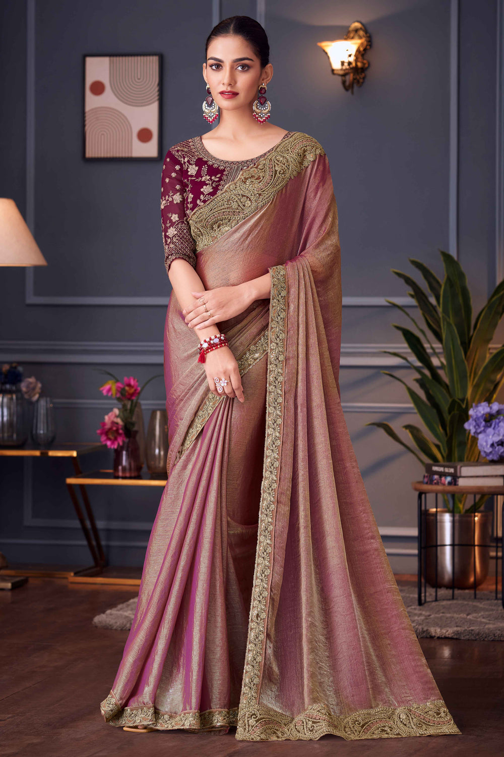 Mauve Pure Georgette Chiffon With Embroidery Sequins Saree 