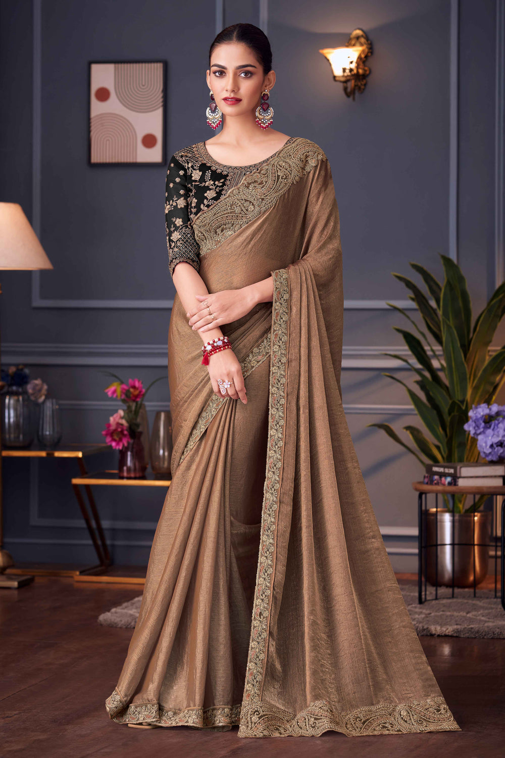 Brown Pure Georgette Chiffon With Embroidery Sequins Saree 