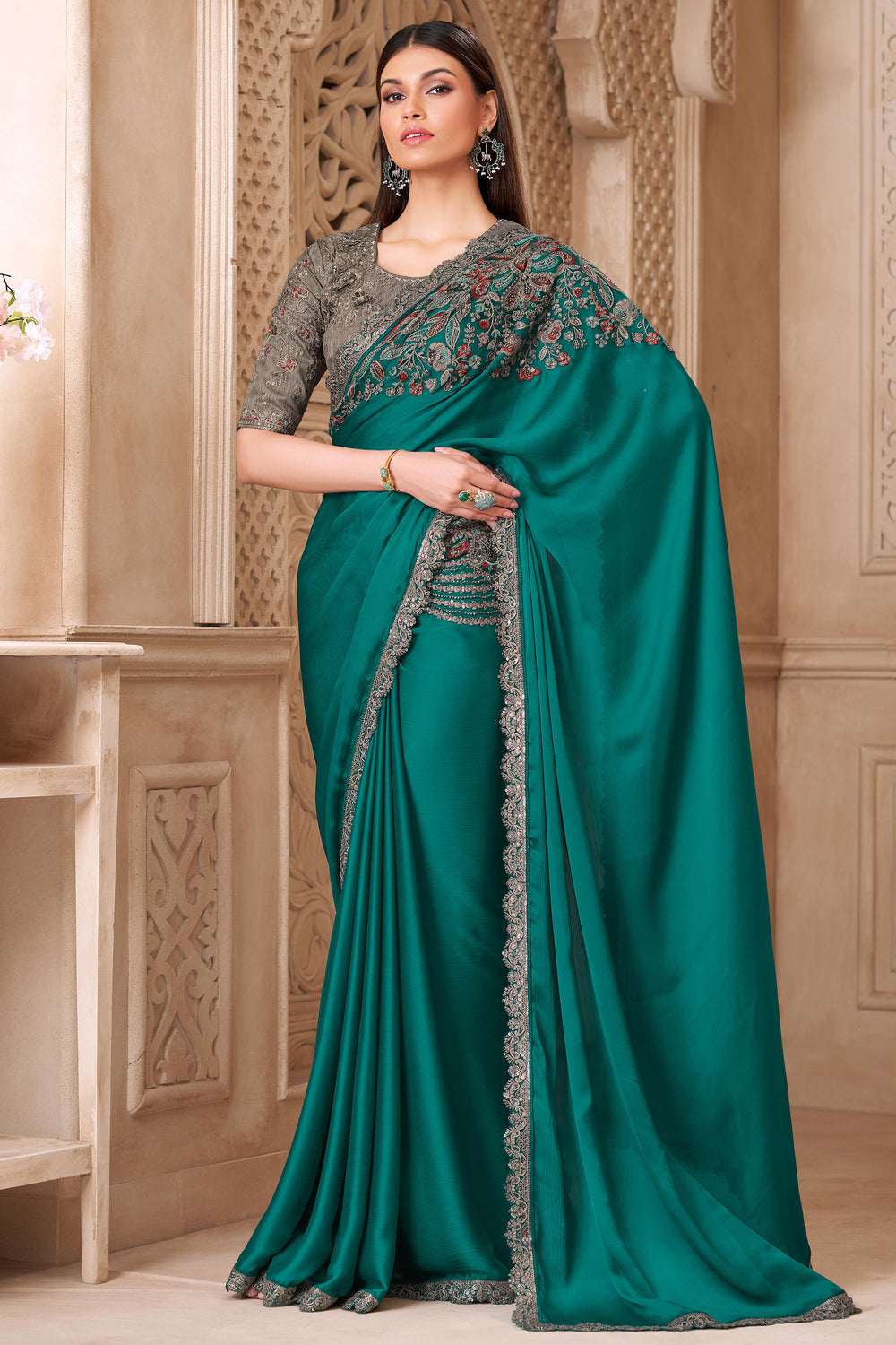 Rama Green Pure Soft Satin Elegant Embroidered Work Satin Saree 