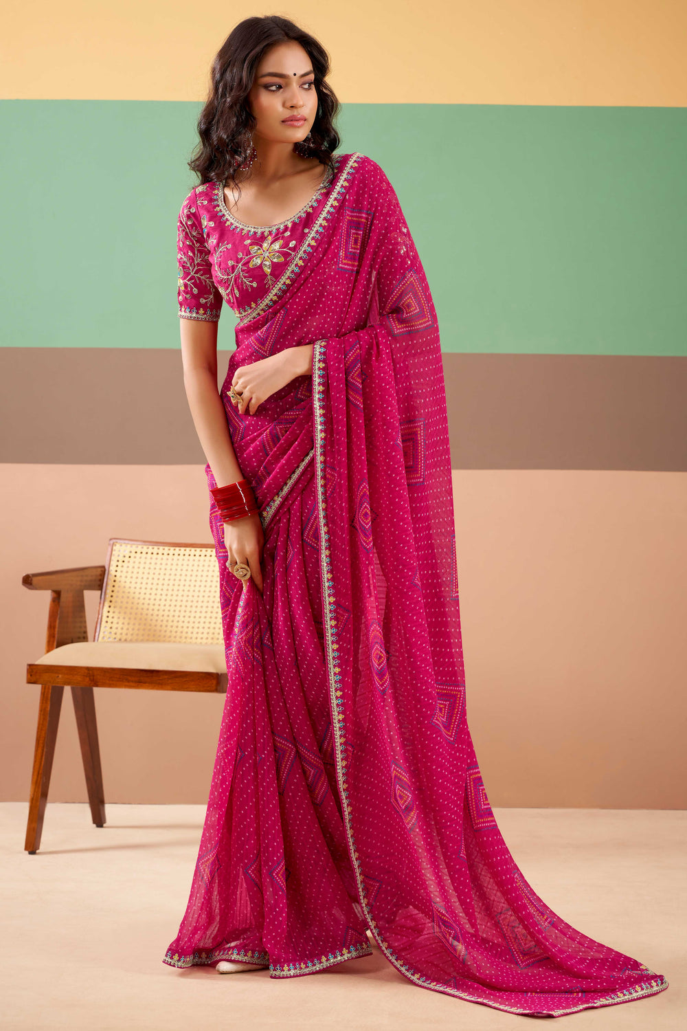 Pink Pure Georgette Chiffon Bandhani Print Saree 