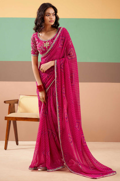 Pink Pure Georgette Chiffon Bandhani Print Saree 
