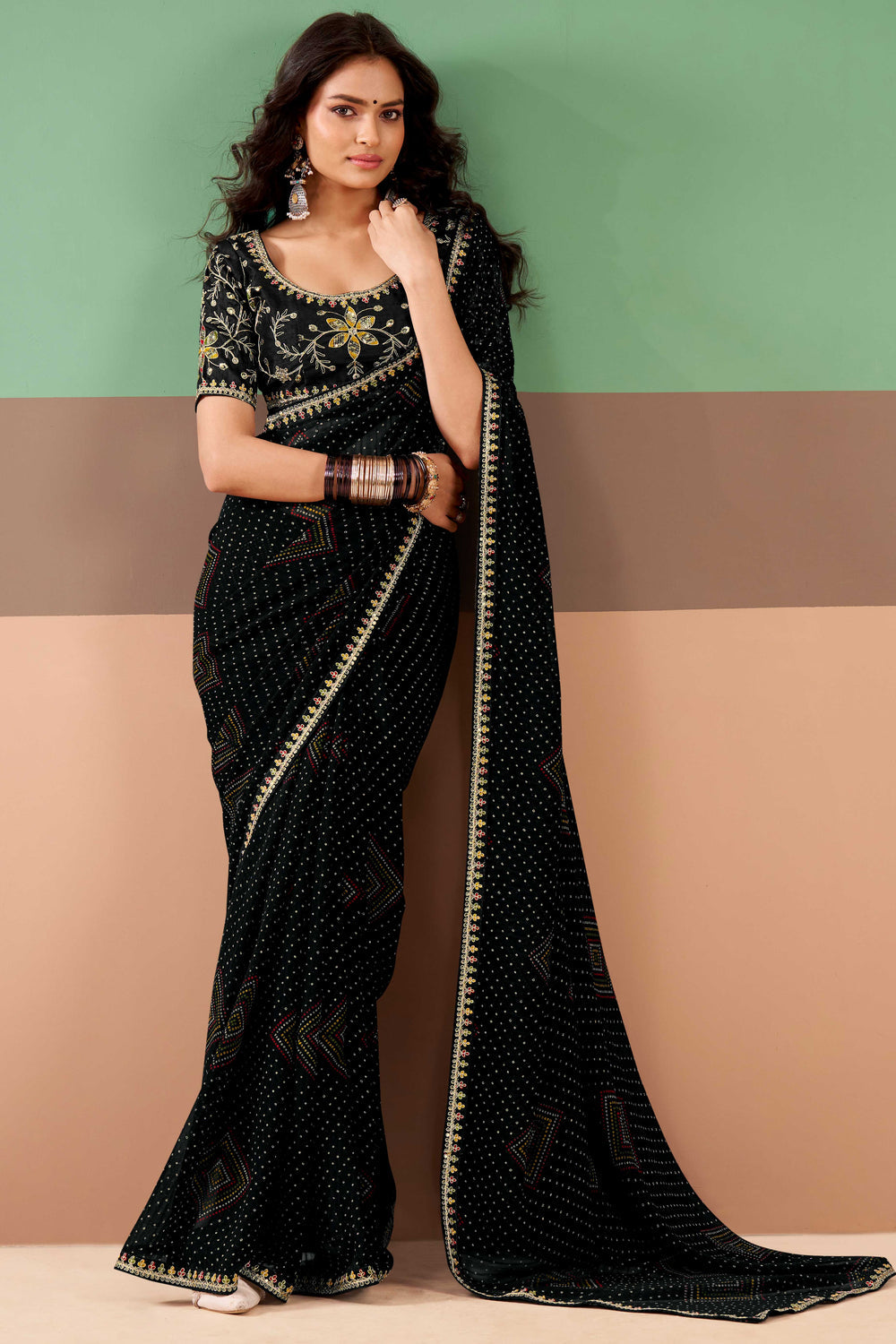 Black Pure Georgette Chiffon Bandhani Print Saree