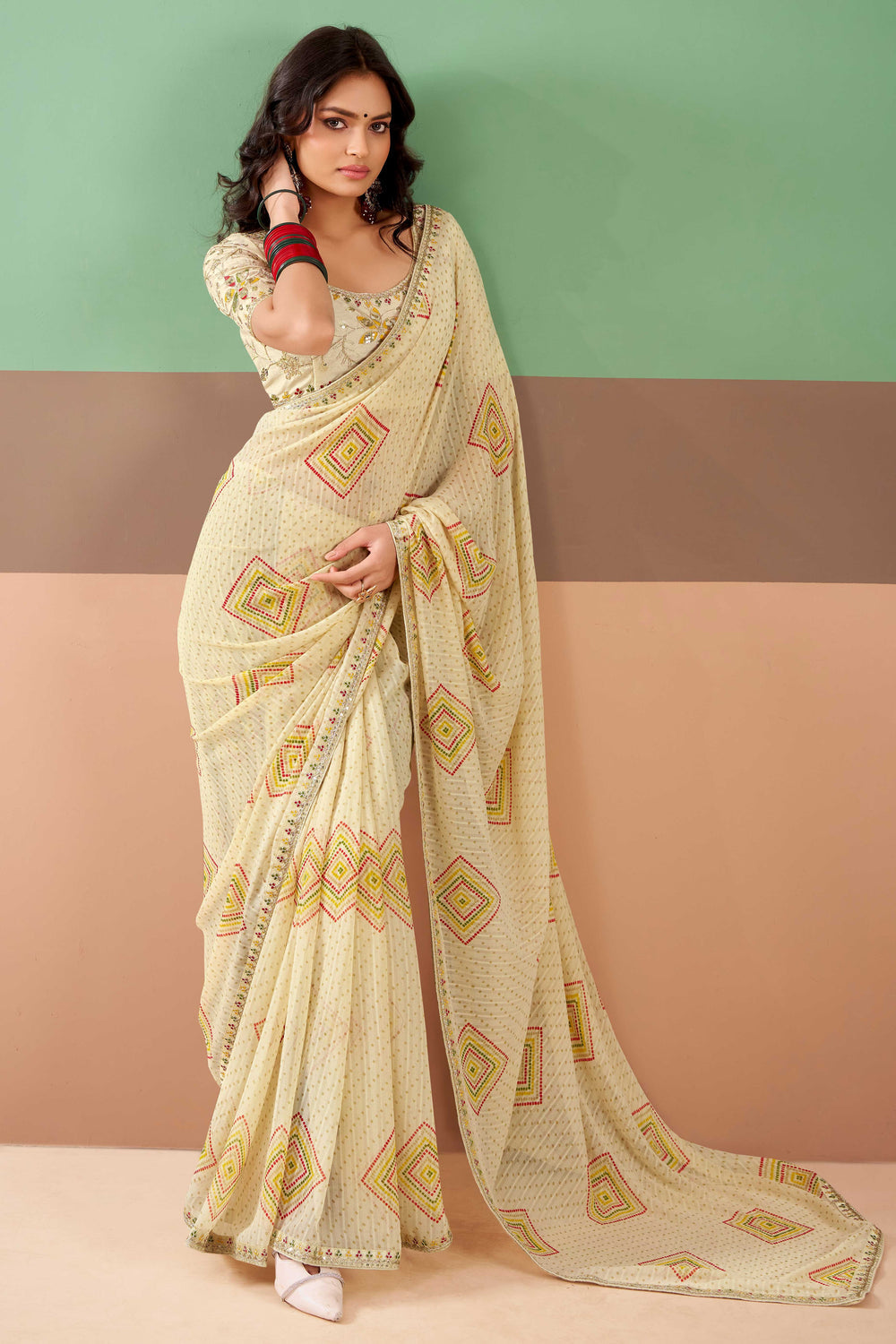 Cream Pure Georgette Chiffon Bandhani Print Saree ##color## Georgette Saree with premium fabric and embroidery