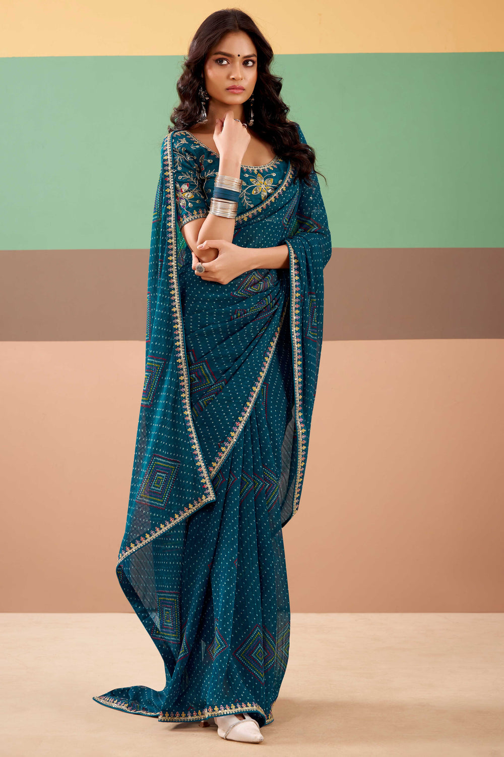Teal Pure Georgette Chiffon Bandhani Print Saree