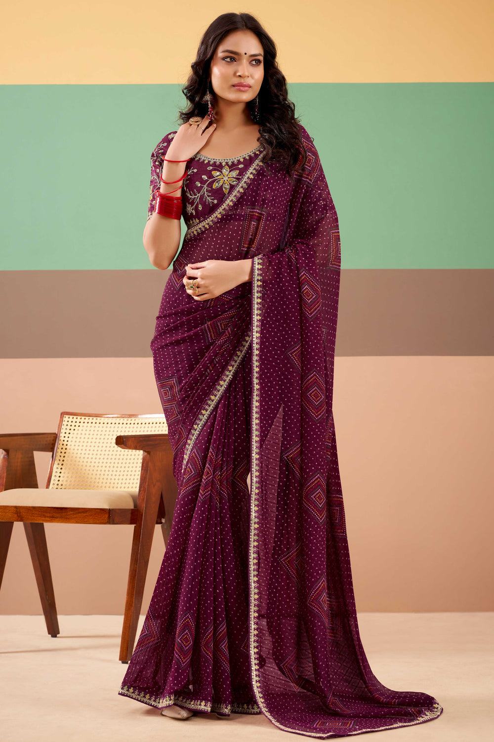 Wine Pure Georgette Chiffon Bandhani Print Saree 