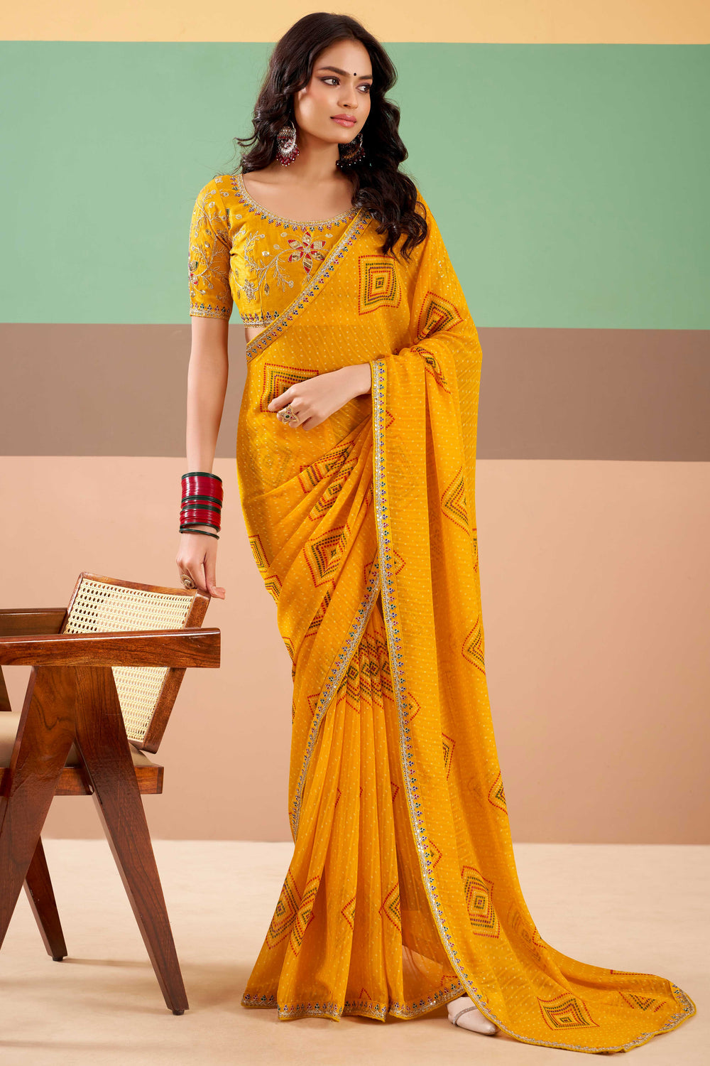 Mustard Pure Georgette Chiffon Bandhani Print Saree ##color## Georgette Saree with premium fabric and embroidery