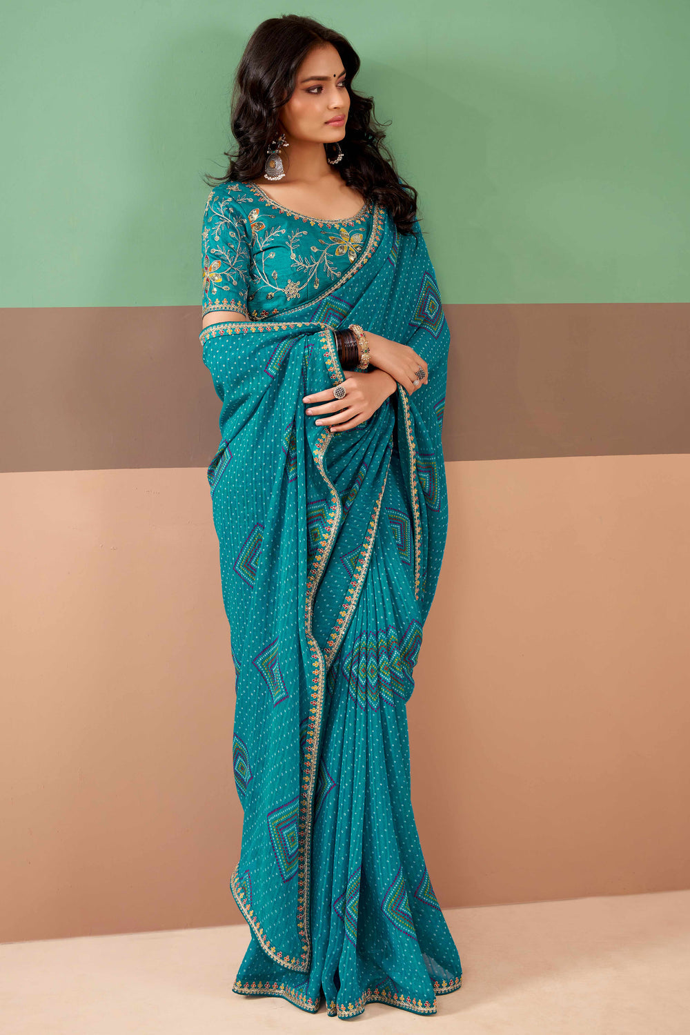 Blue Pure Georgette Chiffon Bandhani Print Saree