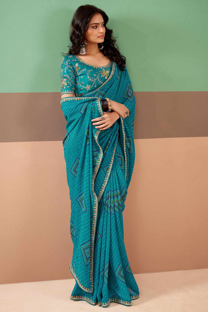 Blue Pure Georgette Chiffon Bandhani Print Saree 