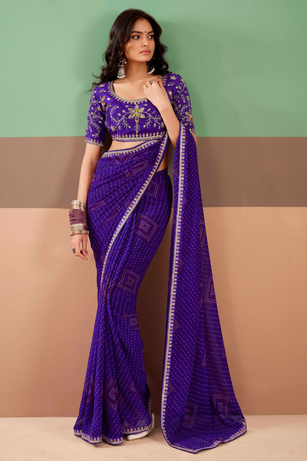 Purple Pure Georgette Chiffon Bandhani Print Saree 
