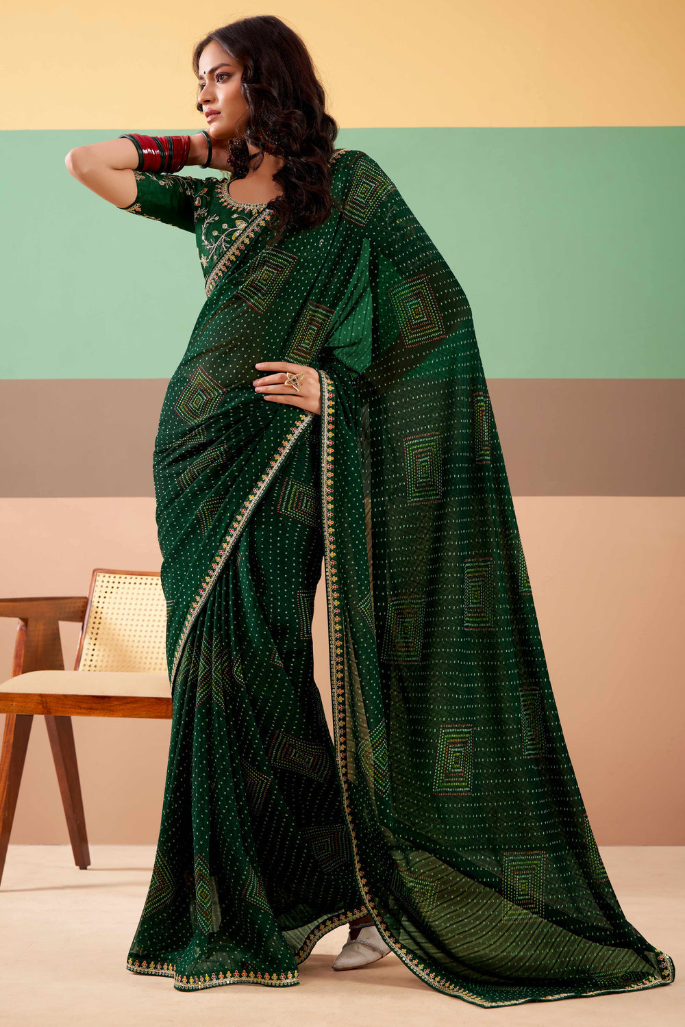 Bottle Green Pure Georgette Chiffon Bandhani Print Saree