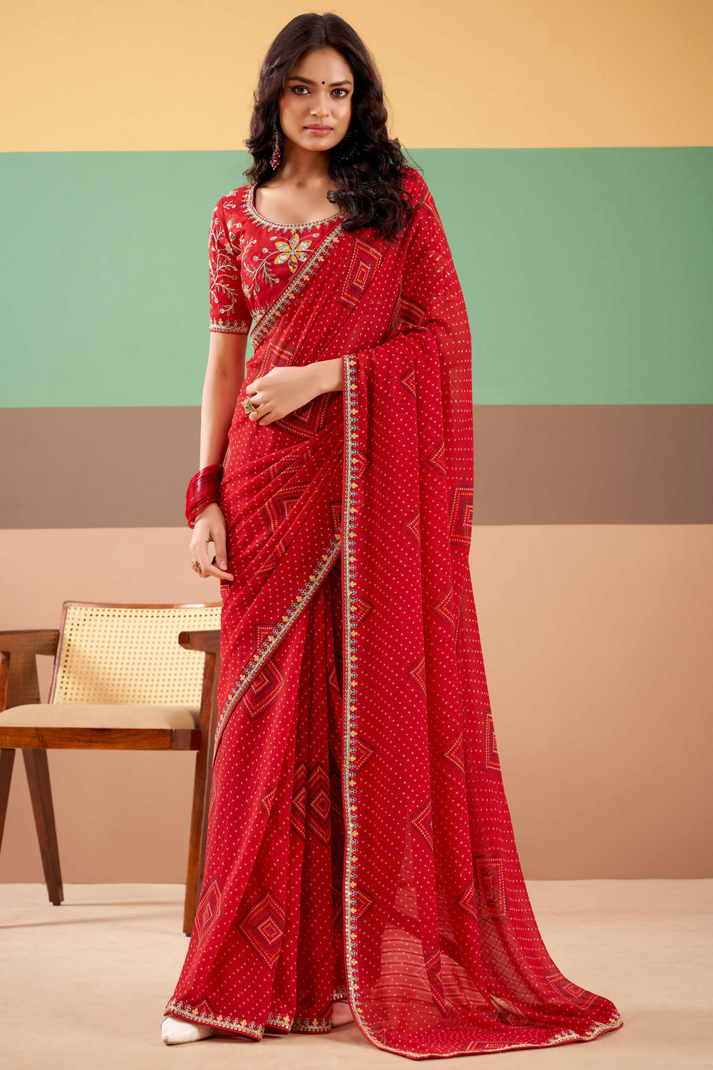 Red Pure Georgette Chiffon Bandhani Print Saree 