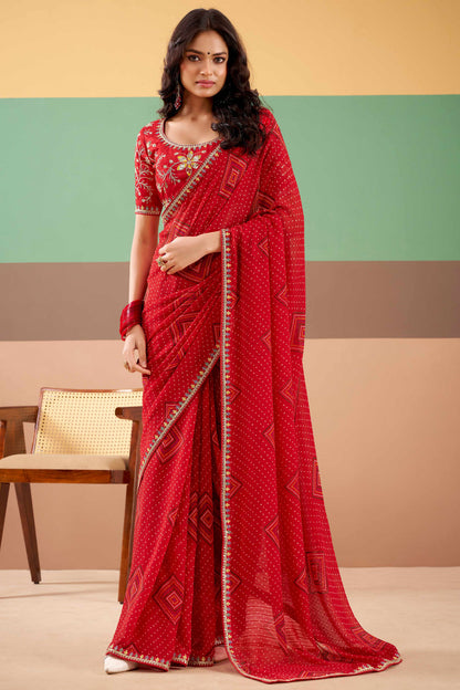 Red Pure Georgette Chiffon Bandhani Print Saree 