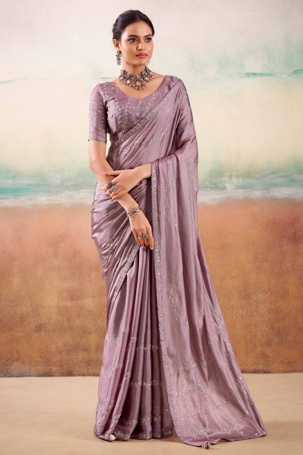 Dusty Purple Two Tone Chiffon Saree ##color## Chiffon Sarees with premium fabric and embroidery