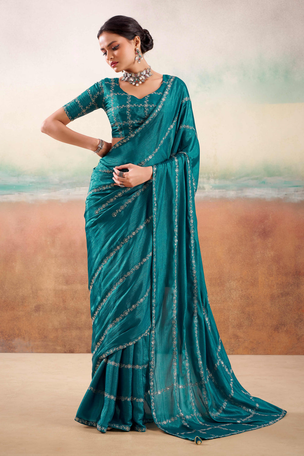 Teal Two Tone Chiffon Saree 