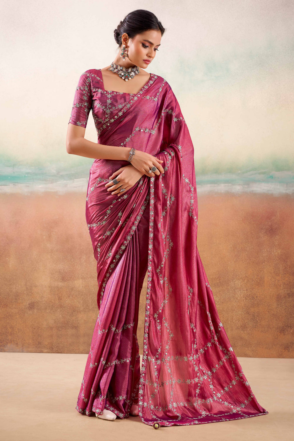 Magenta Pink Two Tone Chiffon Saree 