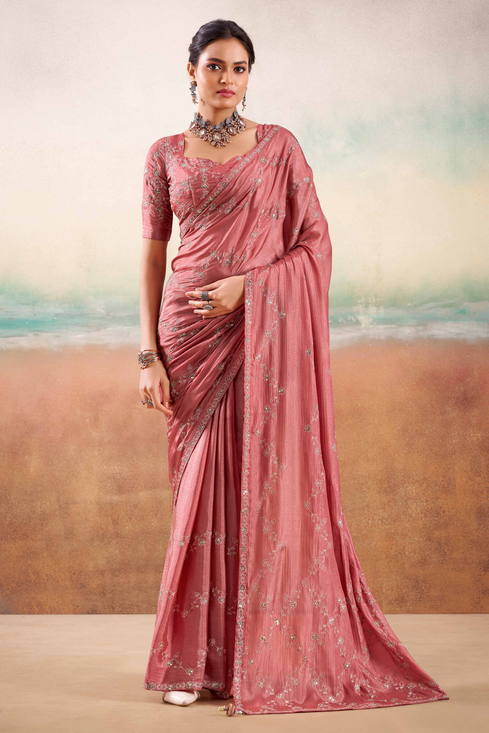 Dusty Pink Two Tone Chiffon Saree 
