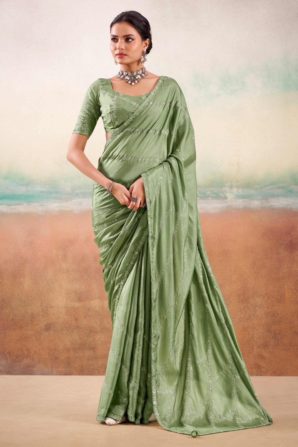 Green Two Tone Chiffon Saree 