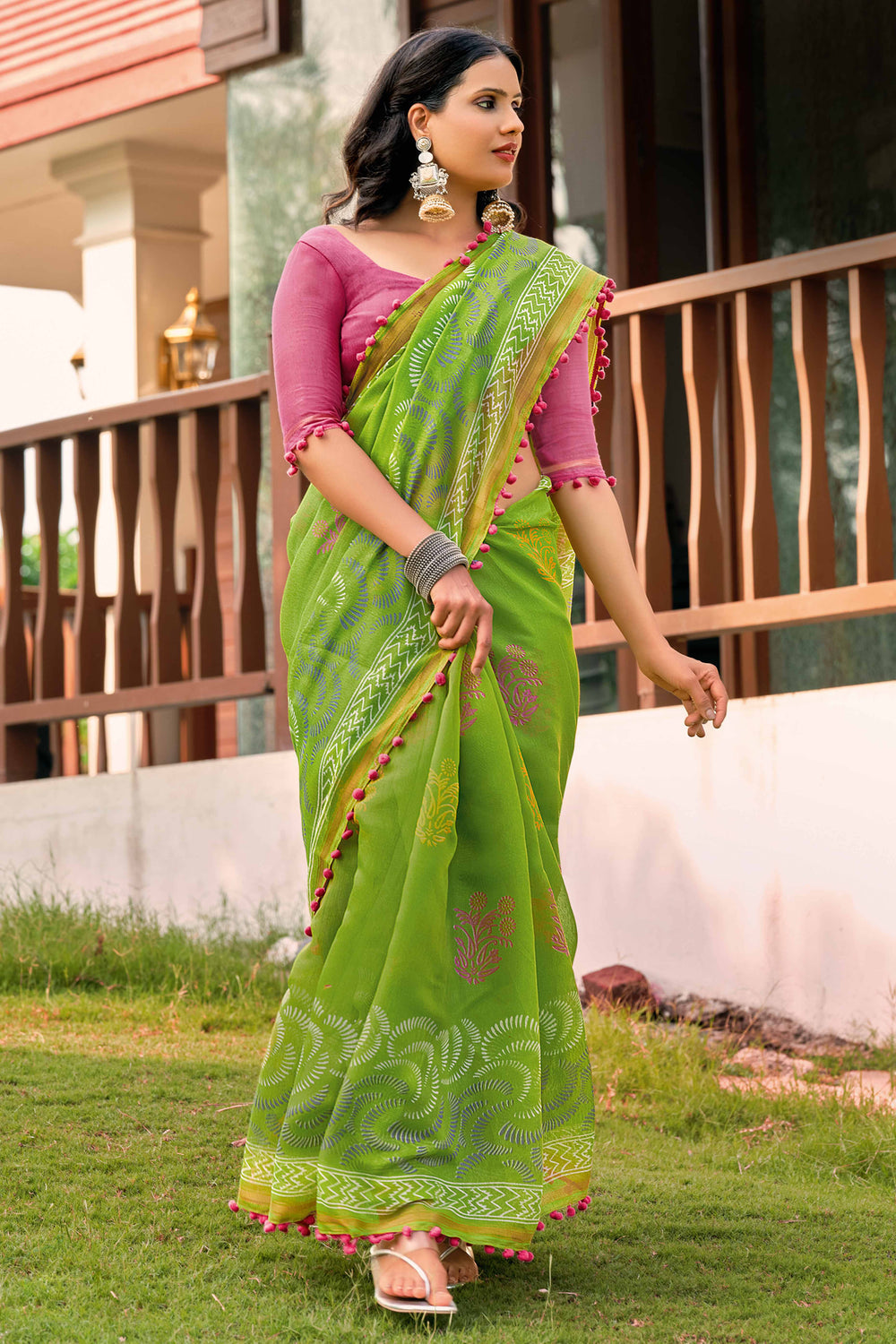 Green Pure Soft Mul Mul Cotton Pum Pum Cotton Saree