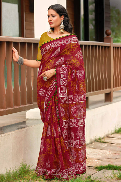 Maroon Pure Soft Mul Mul Cotton Pum Pum Cotton Saree Cotton saree Anant Tex Exports Pvt.Ltd..