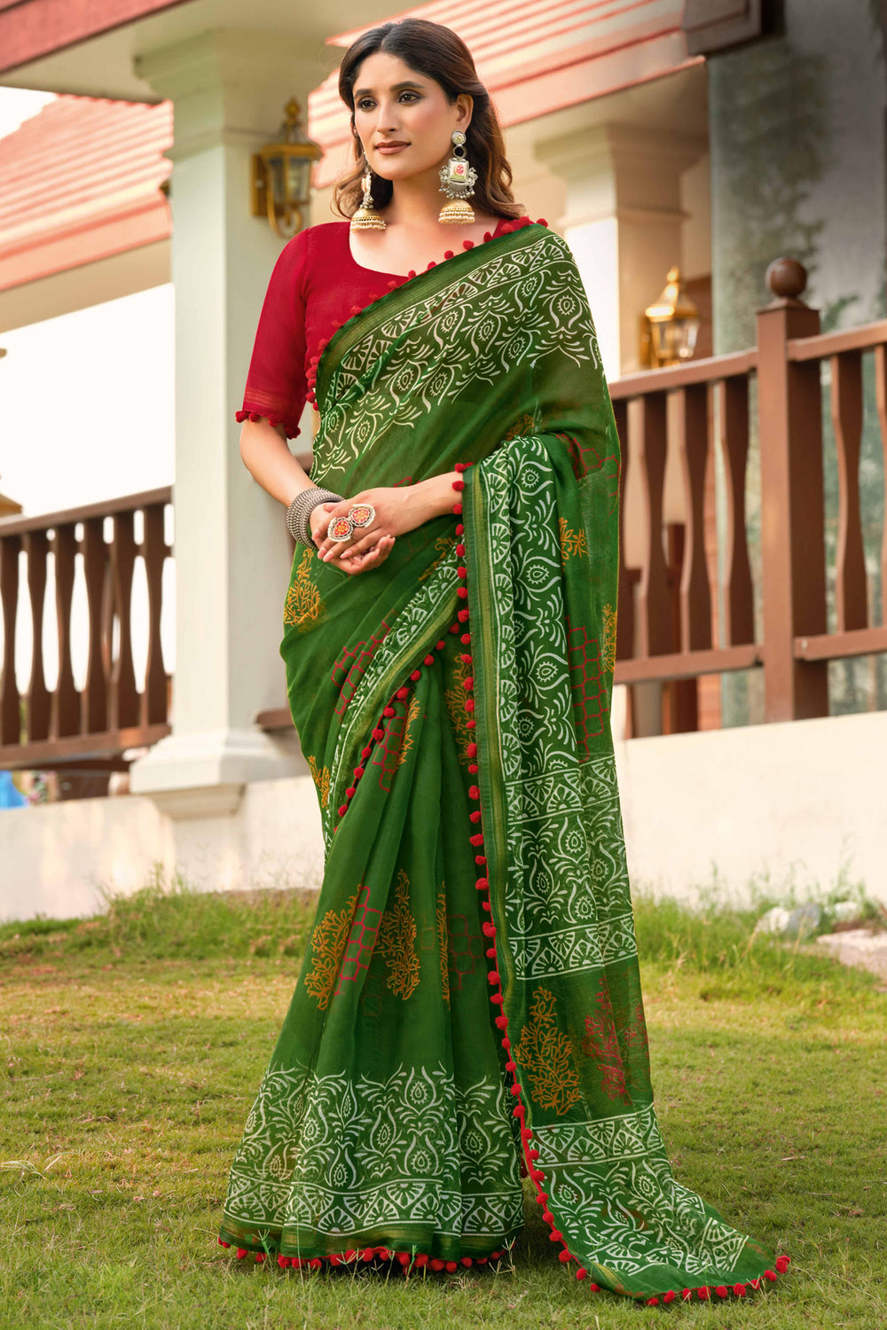Green Pure Soft Mul Mul Cotton Pum Pum Cotton Saree