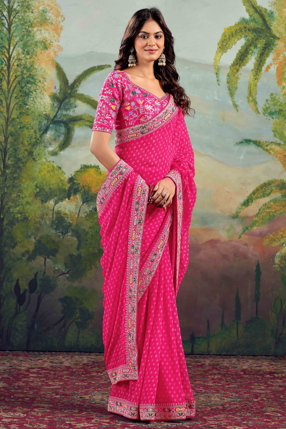 Pink Bandhani Printed Georgette Saree With Embroidered Border 