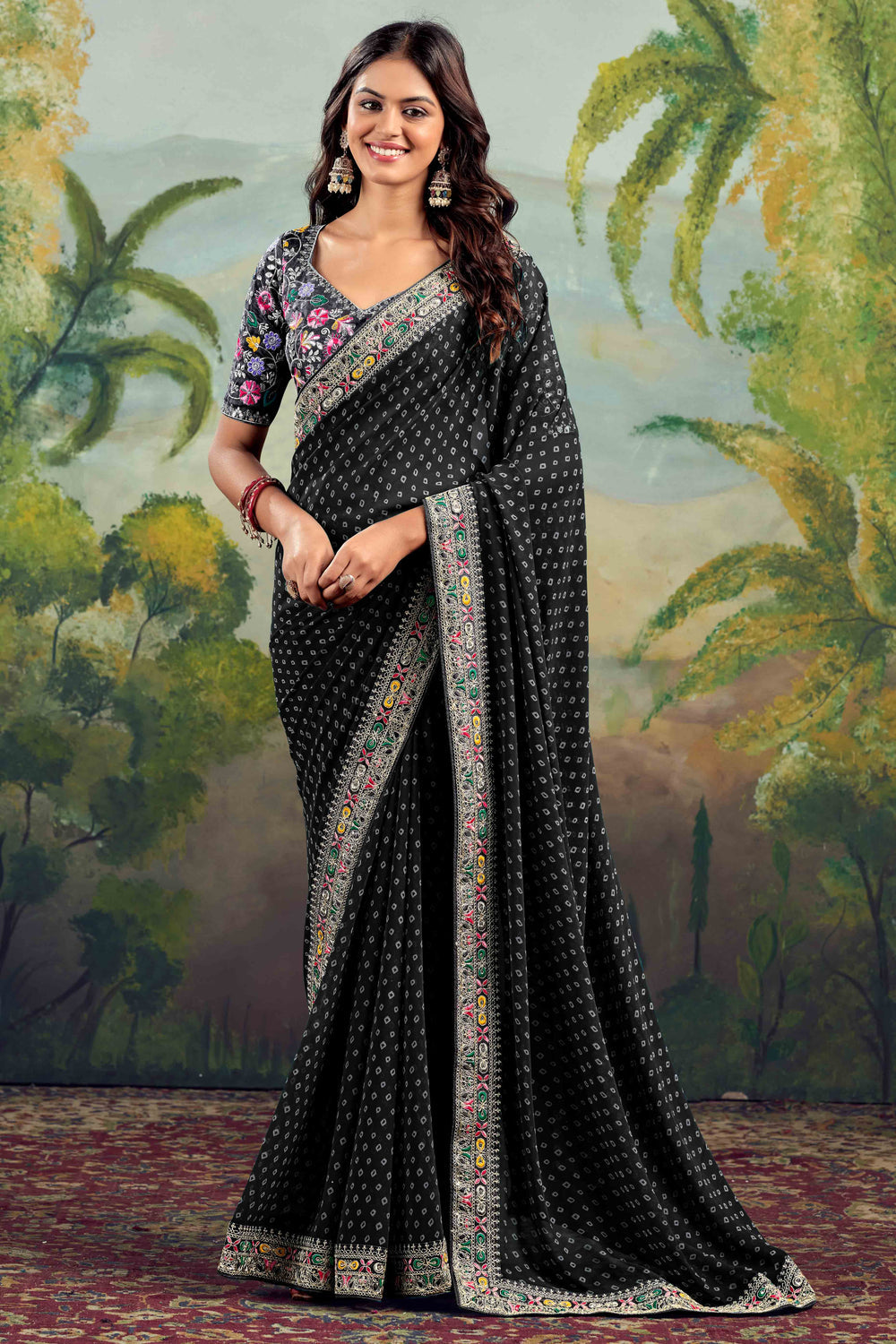 Black Bandhani Printed Georgette Saree With Embroidered Border ##color## Georgette Saree with premium fabric and embroidery