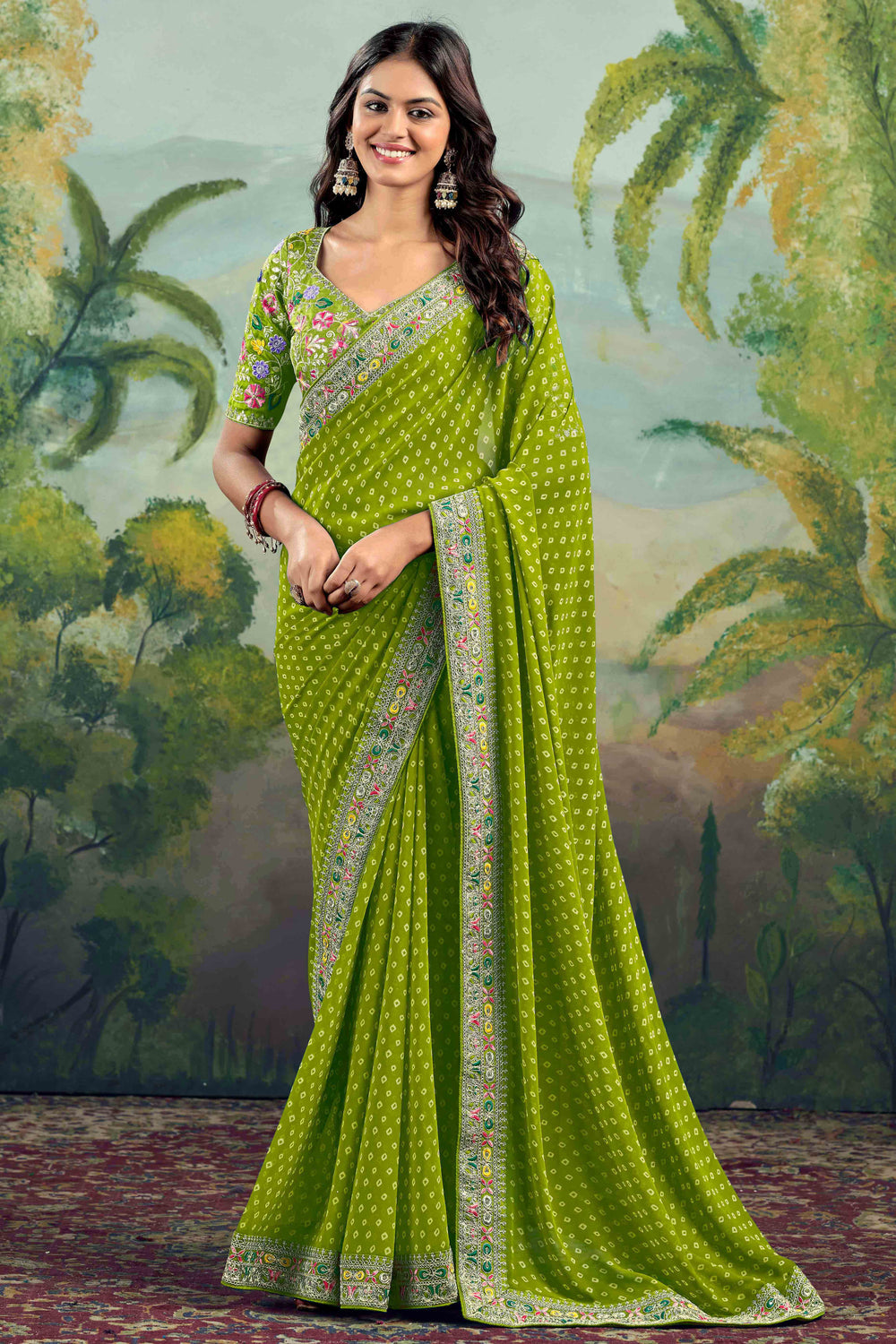 Green Bandhani Printed Georgette Saree With Embroidered Border 