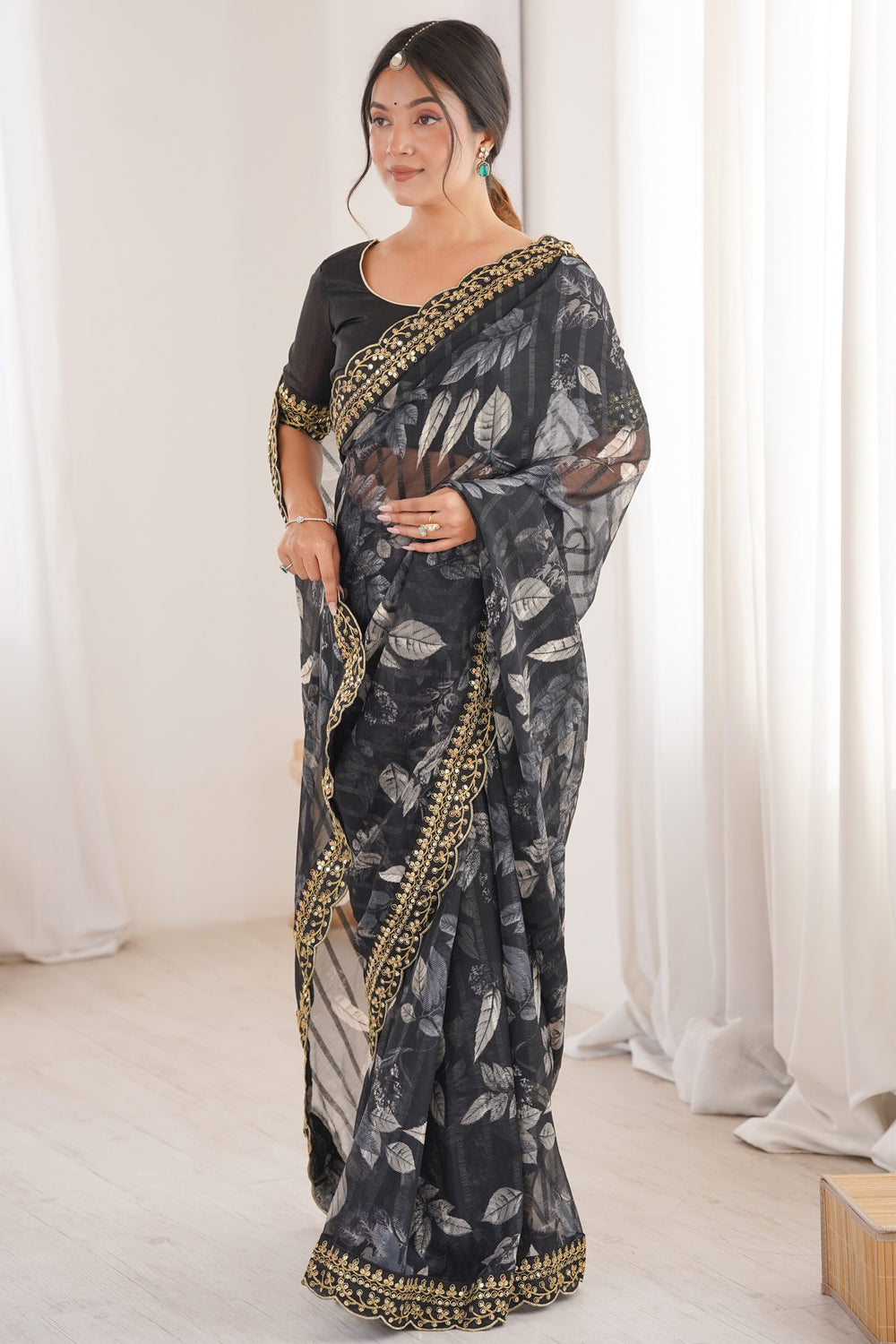 Black Pure Georgette Floral Print Sequins Saree 