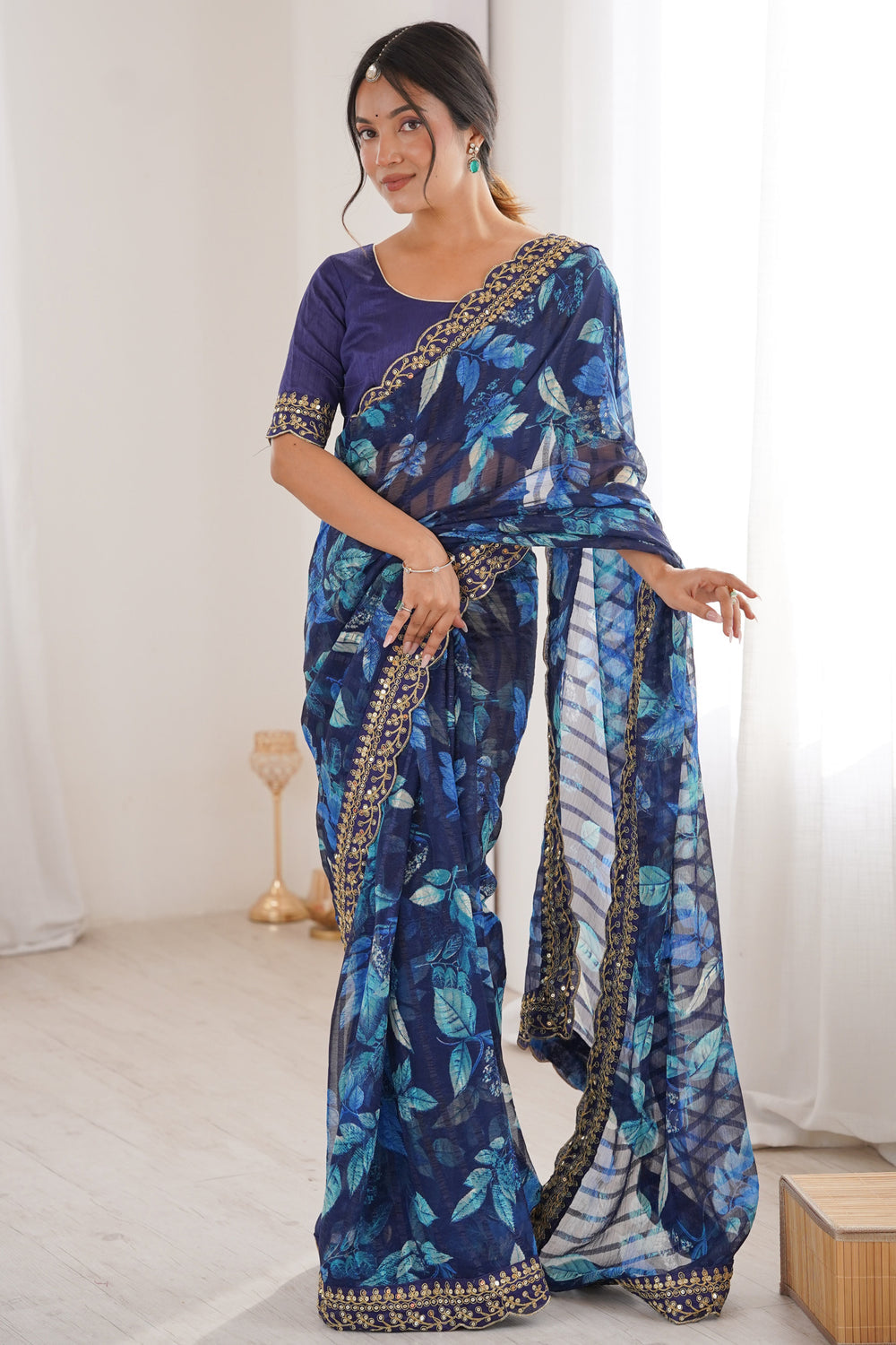 Blue Pure Georgette Floral Print Sequins Saree 