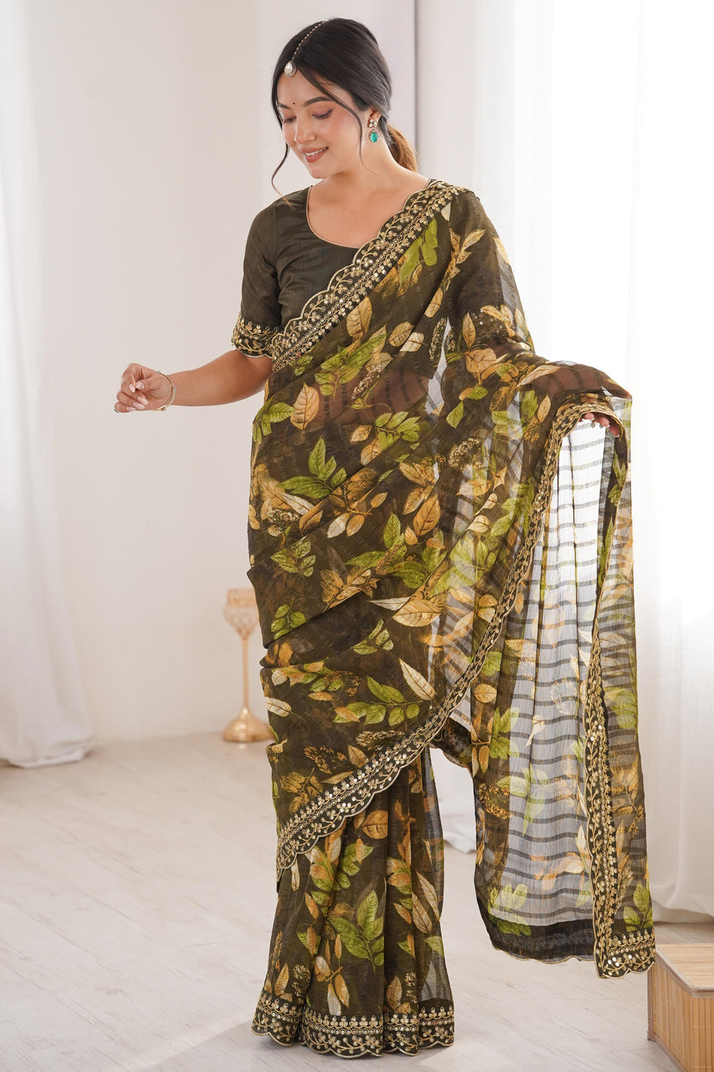 Green Pure Georgette Floral Print Sequins Saree 