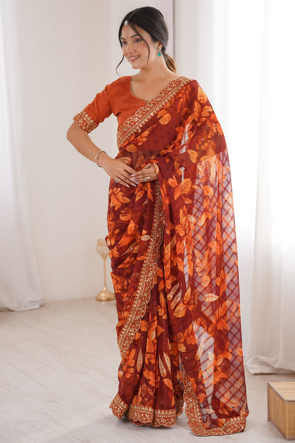 Rust Pure Georgette Floral Print Sequins Saree 
