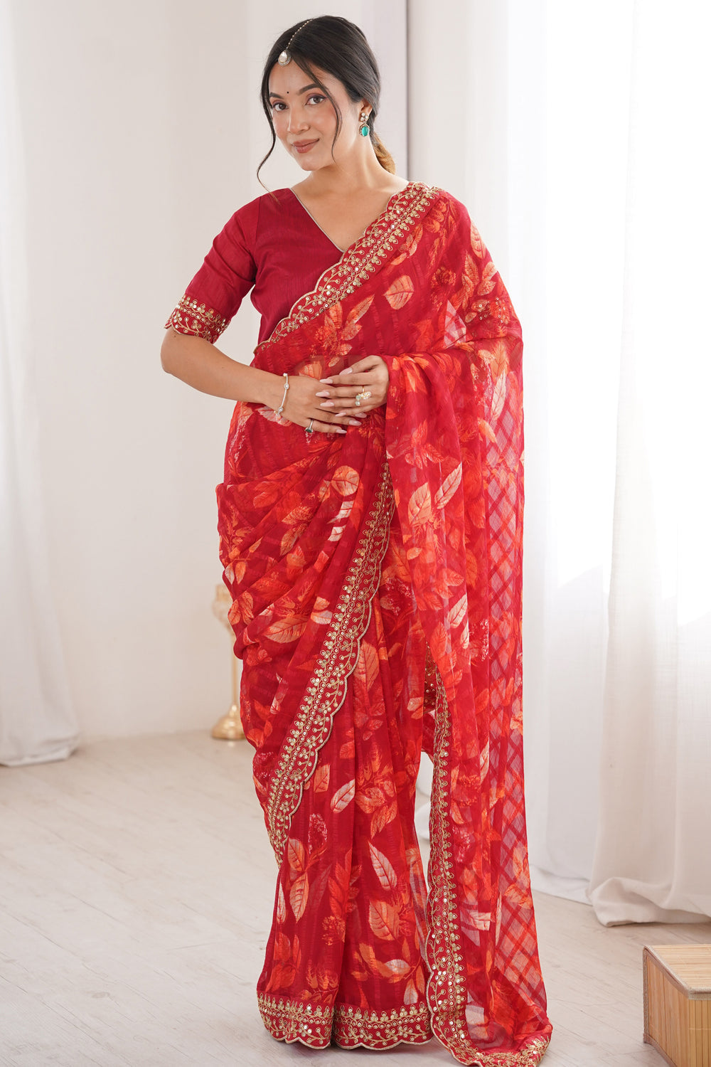 Red Pure Georgette Floral Print Sequins Saree 