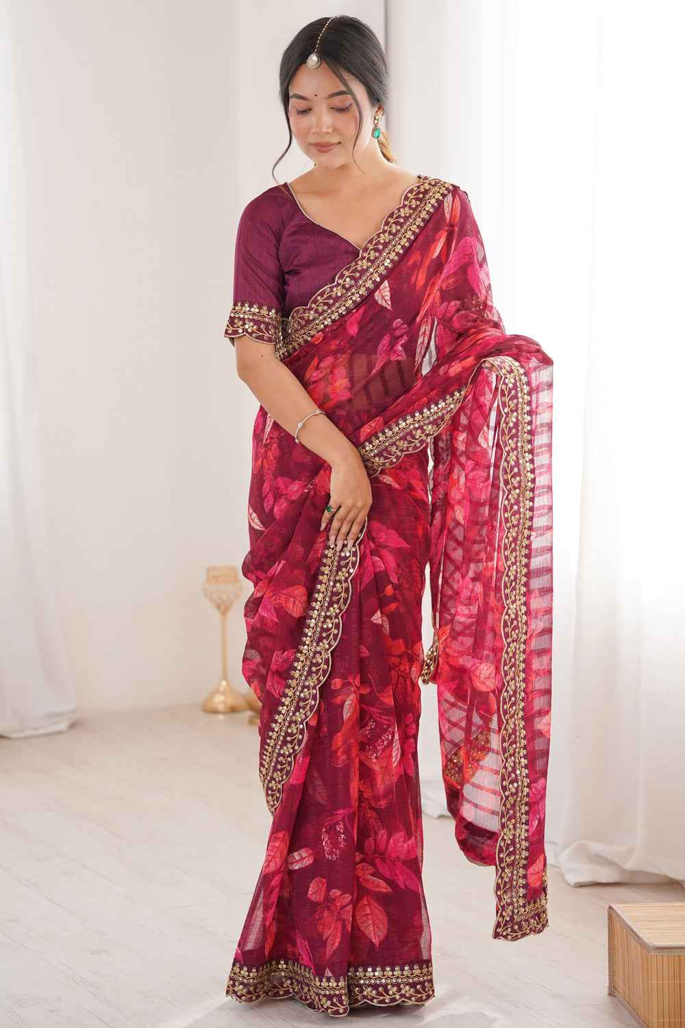 Wine Pure Georgette Floral Print Sequins Saree 