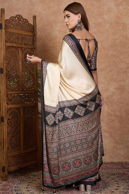 Bavarain Cream Pure Soft Modal Satin Ajrakh Print Satin Saree Japan Satin Saree Anant Tex Exports Pvt.Ltd..