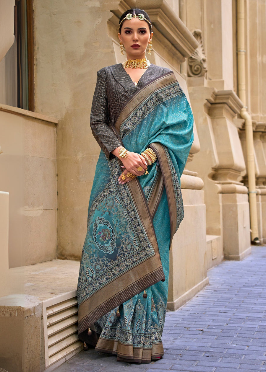 Blue Pure Viscose Silk Blend Foil Print Saree 