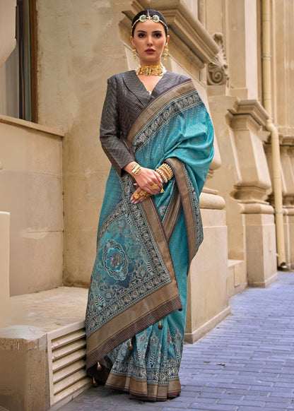 Blue Pure Viscose Silk Blend Foil Print Saree 