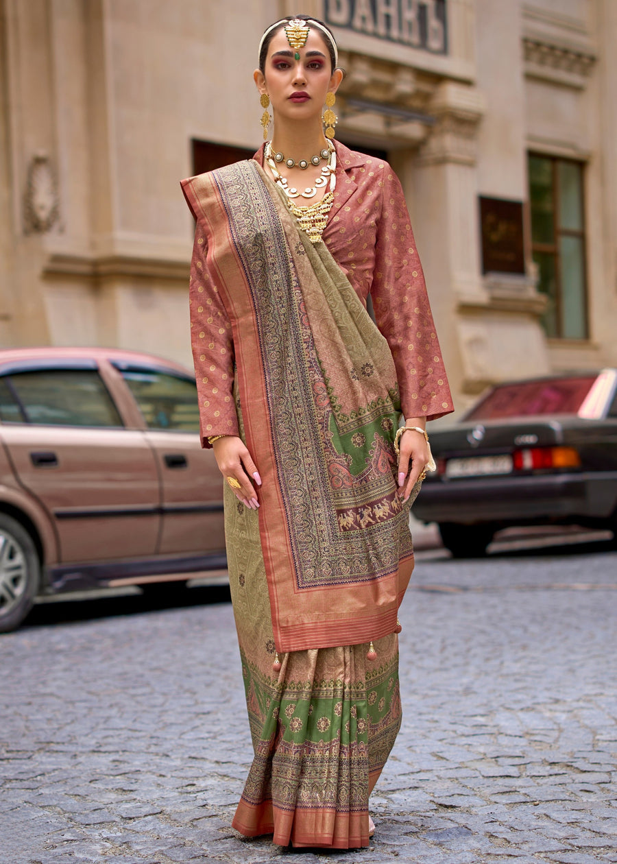 Olive Pure Viscose Silk Blend Foil Print Saree 