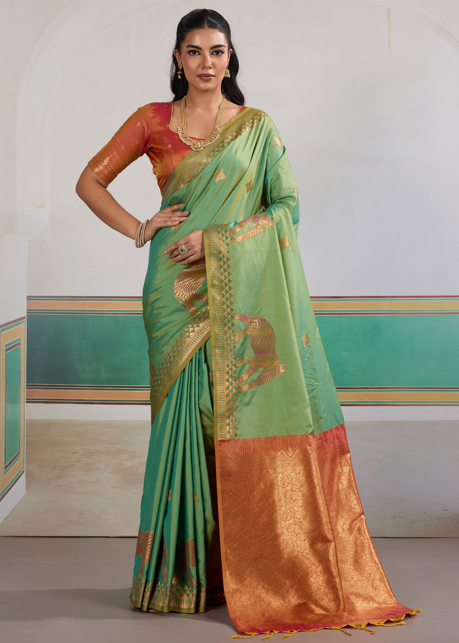 Sea Green Pure Soft Silk Handloom Saree Panetar Saree Anant Tex Exports Pvt.Ltd..