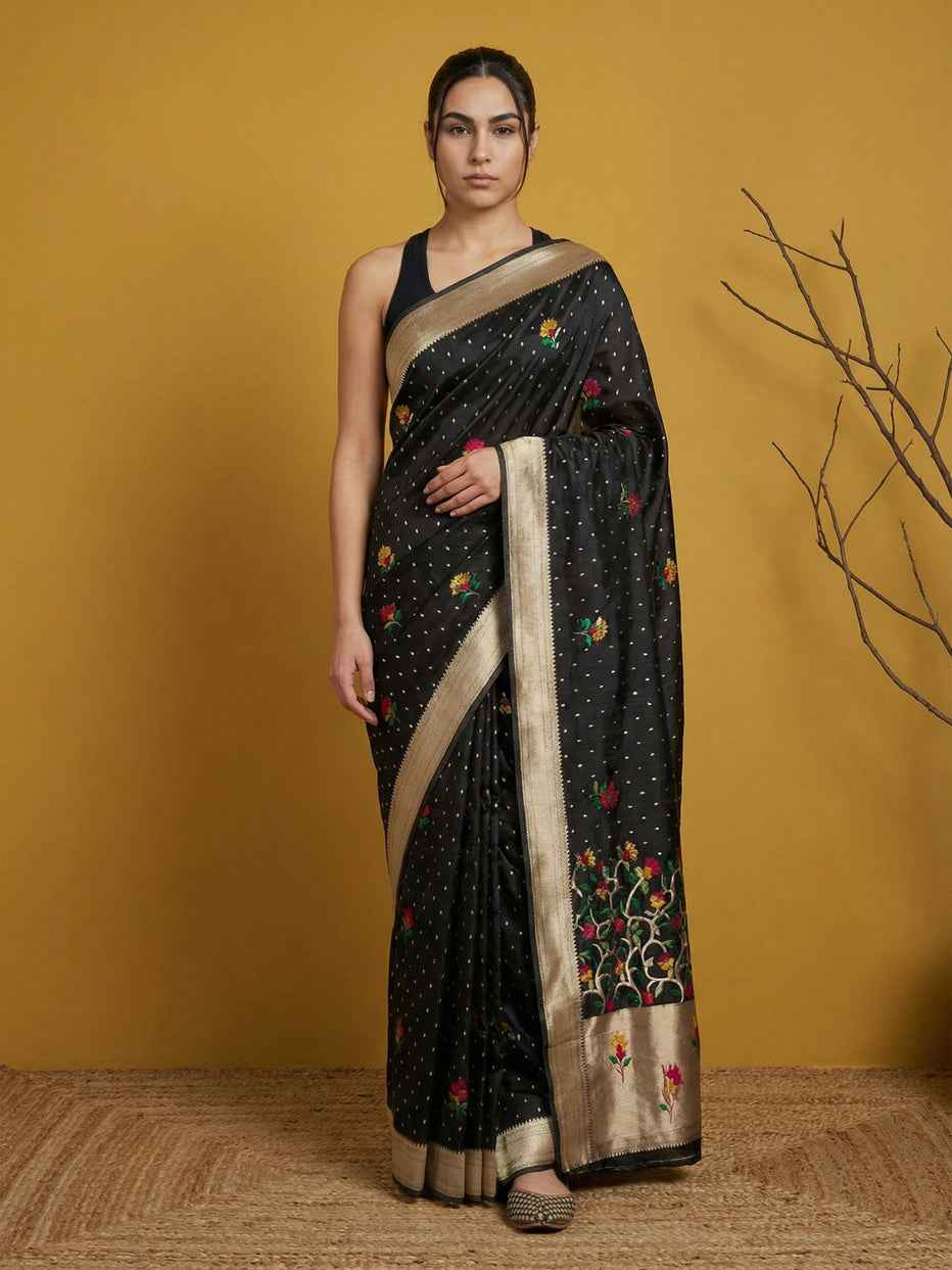 Black Pure Organza Silk Meenakari Jamdani Zari Woven Organza Saree
