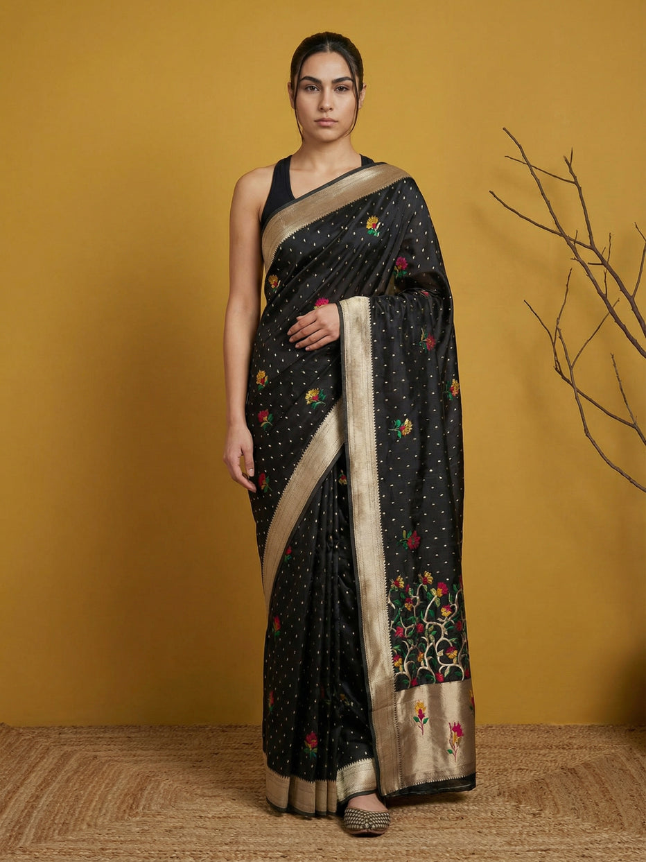 Black Pure Organza Silk Meenakari Jamdani Zari Woven Organza Saree